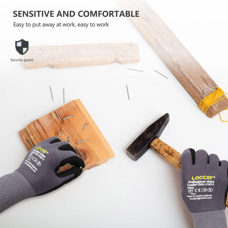 LOCCEF Work Gloves MicroFoam Nitrile Coated-6 Pairs,Seamless Knit Nylon Gloves,Gray Work gloves 9/L Grey 12-pairs