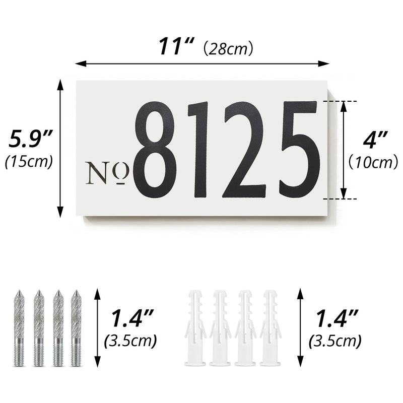 11" x 5.9" Aluminum Address Number Sign, Includes 4 Inch 0-8 Number Stickers & Mounting Screws, Wall Mounted House Address Plaque for 3-4 Digits