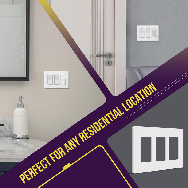 ENERLITES Screwless Decorator Wall Plate Child Safe Cover, Size 3-Gang 4.68" H x 6.53" L, Unbreakable Polycarbonate Thermoplastic, SI8833-W, Glossy, White Standard Size 3 Gang