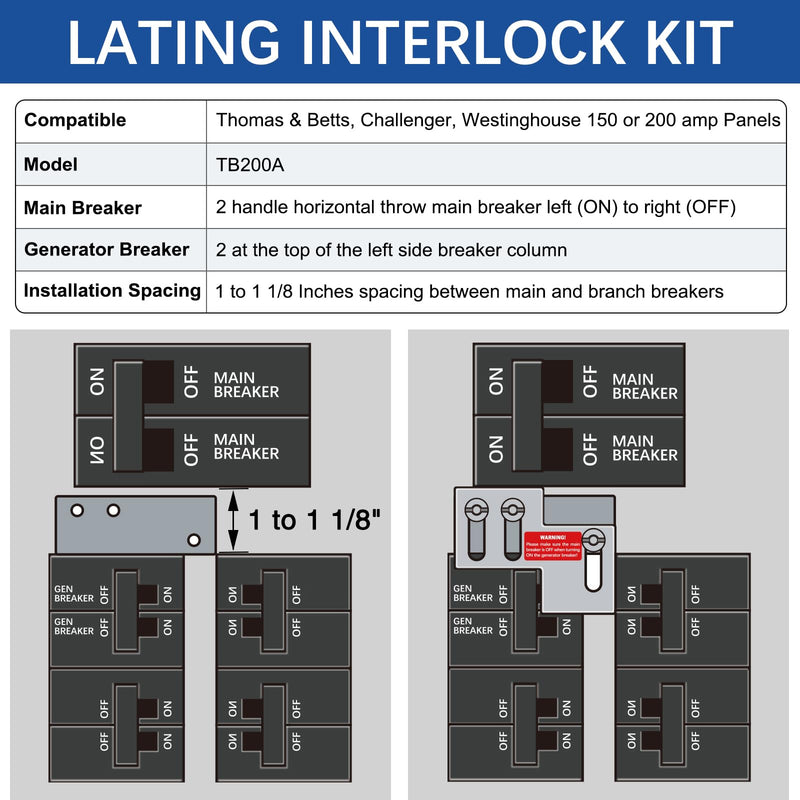 Generator Interlock for Thomas & Betts, Challenger, Westinghouse 150 or 200 A mp Panels with 1 to 1 1/8 Inches Spacing, Blue