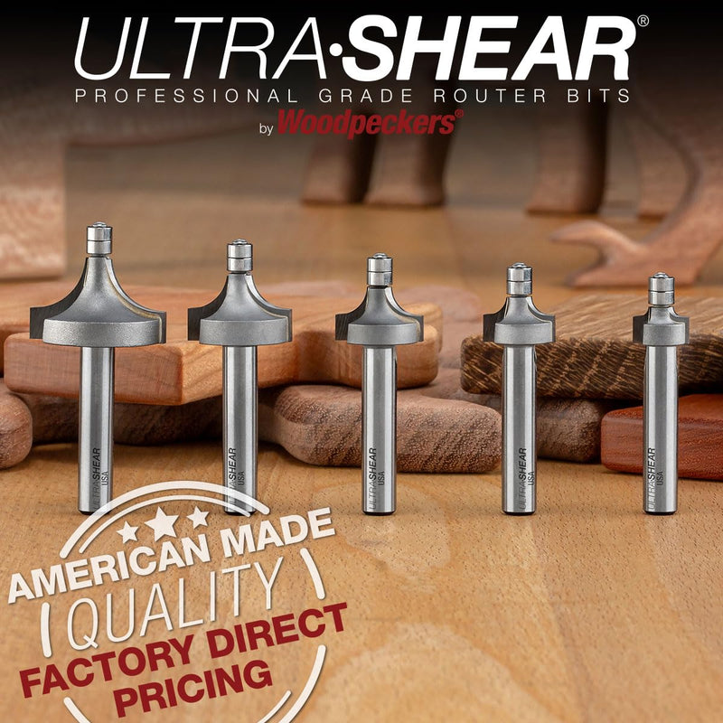 Micro-Bearing Round Over Router Bit, 1/4SH, 3/8" Radius, 2-Flute, Mini 3/16" Bearing for Small Radius Roundovers and Edge Breaking, USA Made - US223718RO 3/8 radius