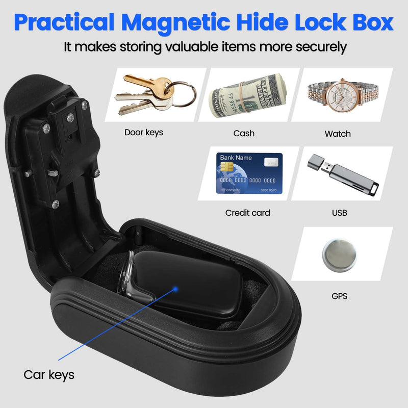 Magntic Key Lock Box with 4 Digit Combination Lock Hider Under Car, Magnetic Key Holder with Strong Magnet for Indoors, Outdoor Travel, Hidden Under Car Magnetic Key Case(1 PCS) Black 1 PCS