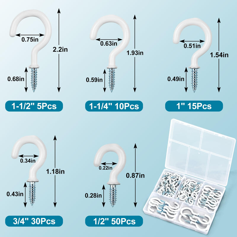 110Pcs Premium Screw Hooks, White Vinyl Coated Cup Hooks, 5 Sizes Hook Screws, from1/2 in Small Hooks to 1-1/2 in Ceiling Hooks Heavy Duty, Screw in Hooks for Hanging Plants, String Lights