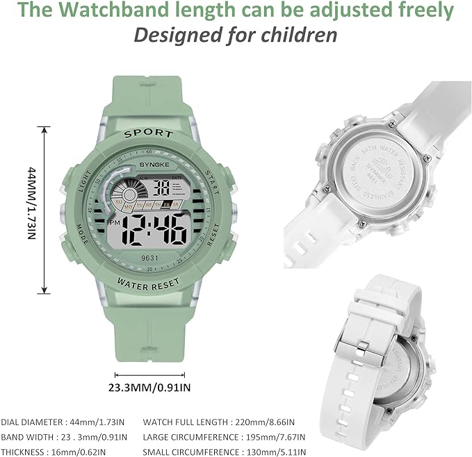 Panegy Children's Watch, Girls, Children, Boys, Digital Watch, Cute, Multi-functional, Waterproof to 166.2 ft (50 m), Digital Display, Alarm, Calendar, 12/24 Switch, Present, School Entrance, Green, - NewNest Australia