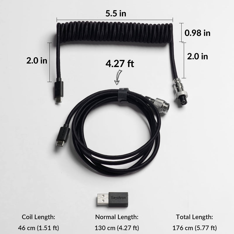 Keychron Custom Coiled USB-C Cable with 5-Pin (GX12) Detachable Aviator Connector, USB-A Adapter, Braided Durable Cable for 8KHz Mechanical Keyboards, 176 cm / 5.77 ft, Charging & Data Transfer, Black