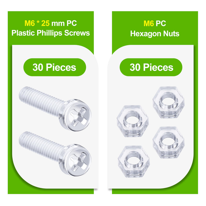 60 Pieces/30 Sets M6*25 mm PC Transparent Plastic Cross-recessed Round Head Screws and Hexagonal Nuts Kit, Corrosion-Resistant, for DIY, Model and Electronic Product Fixation.