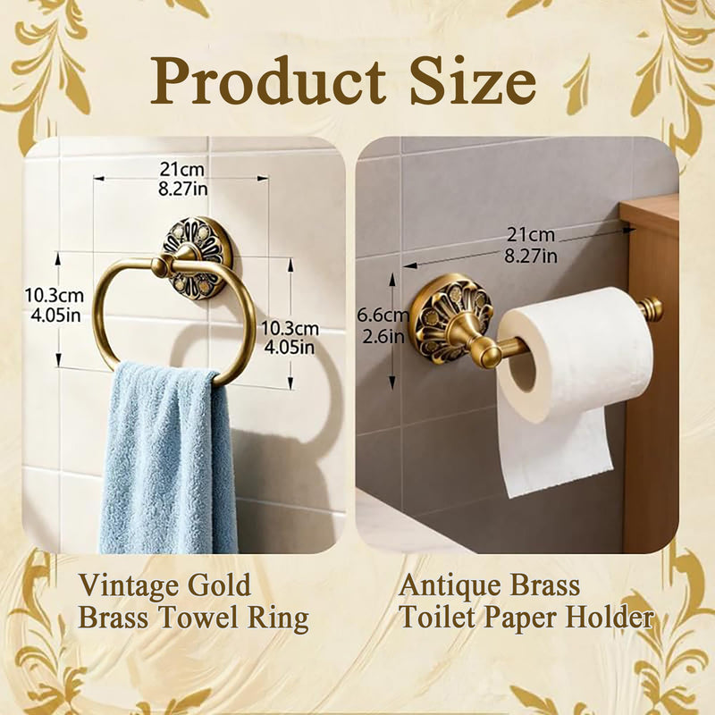 Antique Brass Toilet Paper Holder with Hand Towel Ring Set, 2PCS Wall Mounted Vintage Bathroom Hardware, Retro Tissue Roll Holder and 180° Rotating Towel Bar for Bathroom Kitchen (Rectangle)