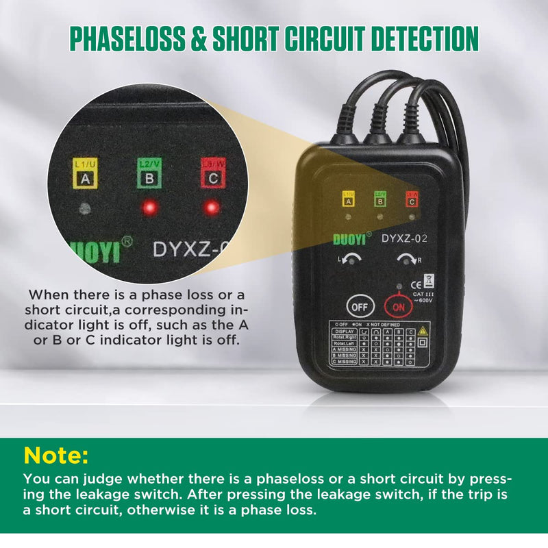 3 Phase Rotation Meter Non Contact Phase Sequence Tester 70V-600V AC Voltage Tester Short Detection, Live Wire Inspection Rotation Meter, with 23.62inch Cable Length,Carrying Bag XZ-02