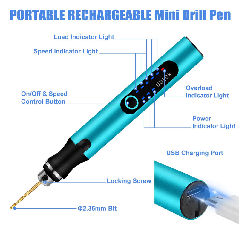 3-Speed Cordless Mini Drill Pen, Rechargeable DIY Electric Hand Drill with 10 Small Drill Bits, Micro Drill Set for Jewelry Making Stone Plastic Resin Keychains Blue Mini Drill Pen