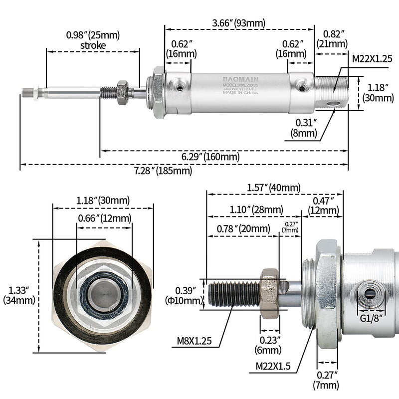 Baomain Mini Air Cylinder MAL 20 X 25 Single Male Thread Rod Dual Action 20 Bore 25 Stroke
