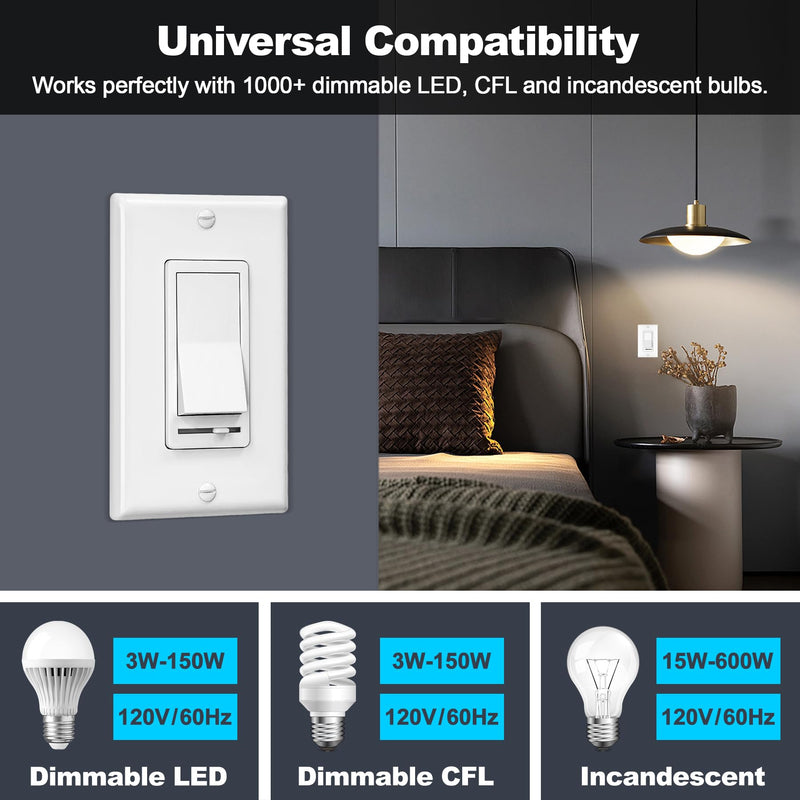 BESTTEN 2 Pack Dimmer Light Switch, Universal Lighting Control, Single Pole or 3 Way, Compatible with LED Dimmable Lamp, CFL, Incandescent, Halogen Bulb, Decorator Wallplate Included, White Standard