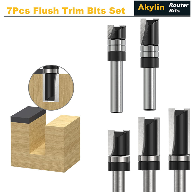 7pcs Pattern Router Bit Top Bearing 1/4 Inch Shank,Top Bearing Flush Trim Router Bit, Router Pattern Bit,Bearing Trimmer and Profiler,Flush Trim Router Bit for Wood Cut,Small Jointing,Trimming 7Pcs*Trim Top Bearing