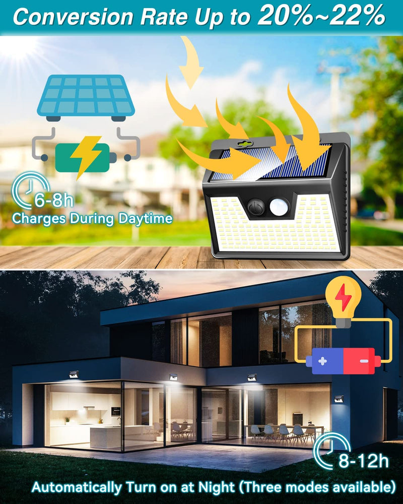 Solar Lights Outdoor 2 Pack, 140LED/3 Modes Motion Sensor Wall Lights Solar Powered, Wireless IP65 Waterproof Solar Lights Outside Bright for Deck Steps Fence Patio Front Door Pathway, White Cool White
