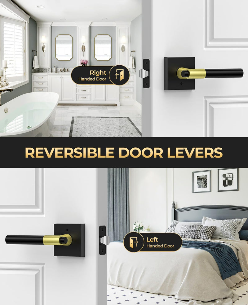 Black and Gold Door Handles Interior with Lock, Zinc Alloy Modern Privacy Lever Door Knobs Interior for Bedroom & Bathroom, Reversible for Left or Right-Handed, 1 Pack