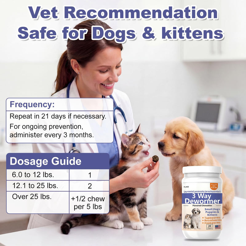 FLIKO 3-Way Dewormer for Dogs, Puppies, Cats & Kittens, Puppy Dewormer for Tapeworms, Roundworms & Hookworms, Pyrantel Pamoate & Praziquantel, 20 Chews