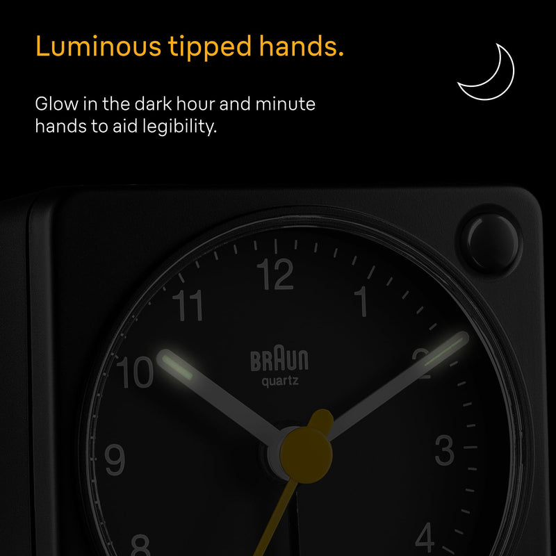 Braun Classic Travel Analogue Alarm Clock with Snooze and Light, Compact Size, Quiet Quartz Movement, Crescendo Beep Alarm in Black, Model BC02XB. 1 Pack
