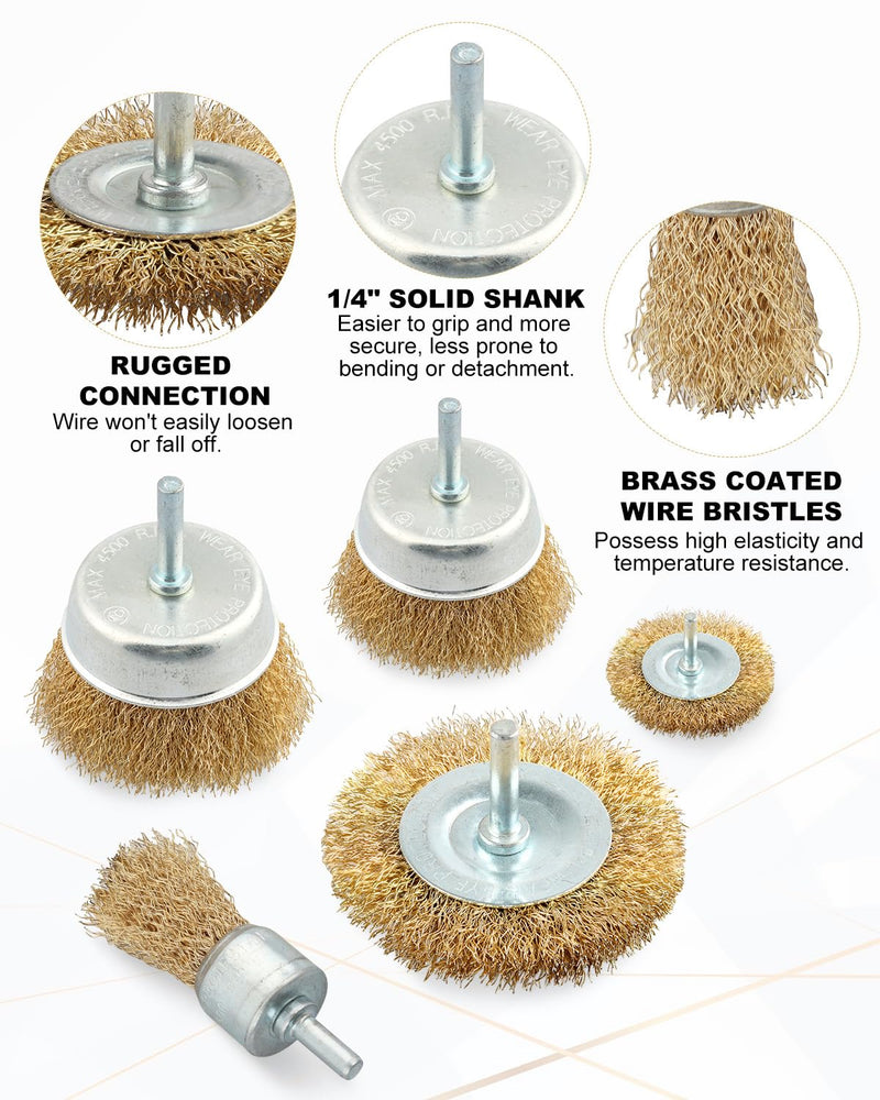 Wire Wheel Cup Brush Set, 7 Pcs Abrasive Brass Coated Wire Wheel Brushes, 1/4" Shank, Carbon Steel Bristles for Cleaning Rust, Paint, Abrasive
