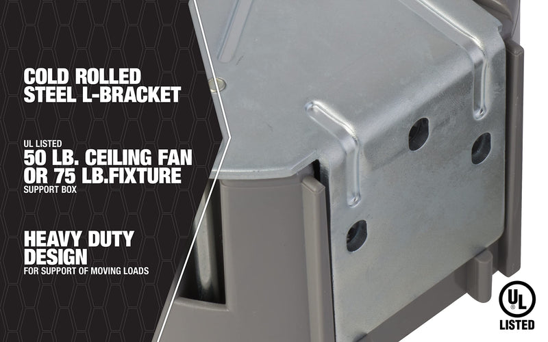 Southwire MSBFAN Cubic Inch Smart 50lb Paddle 75lb Light Fan Fixture Box, 24 CU in, Supports 50 lb-75 lb, Gray Supports 50 lb - 75 lb Fan & Fixture
