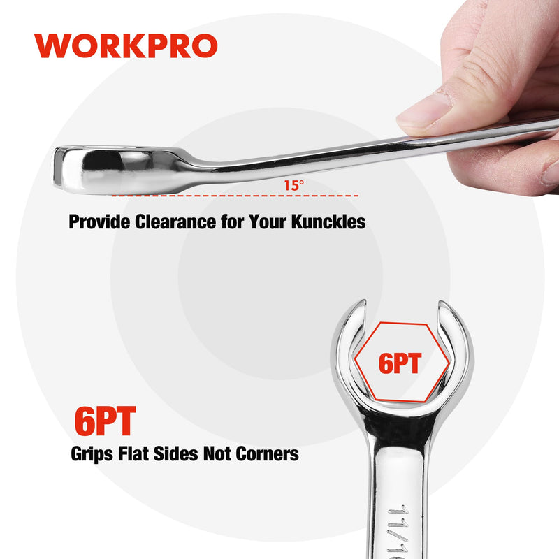 WORKPRO 4-Piece Flare Nut Wrench Set, SAE Brake Line Wrenches, 1/4", 5/16", 3/8", 7/16", 1/2", 9/16", 5/8", 11/16", Cr-V Steel, 15° Offset Head Tubing Wrench, Organizer Pouch Included