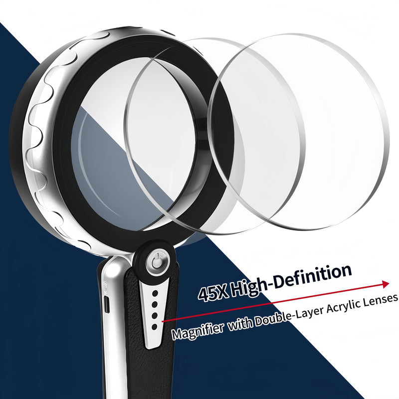 45X Magnifying Glass with Light, 4.6 Inch 1200mAh USB Rechargeable Large Handheld Magnifier, 6 Color Modes, Perfect for Low Vision Seniors, Macular Degeneration & Fine Print (Black)