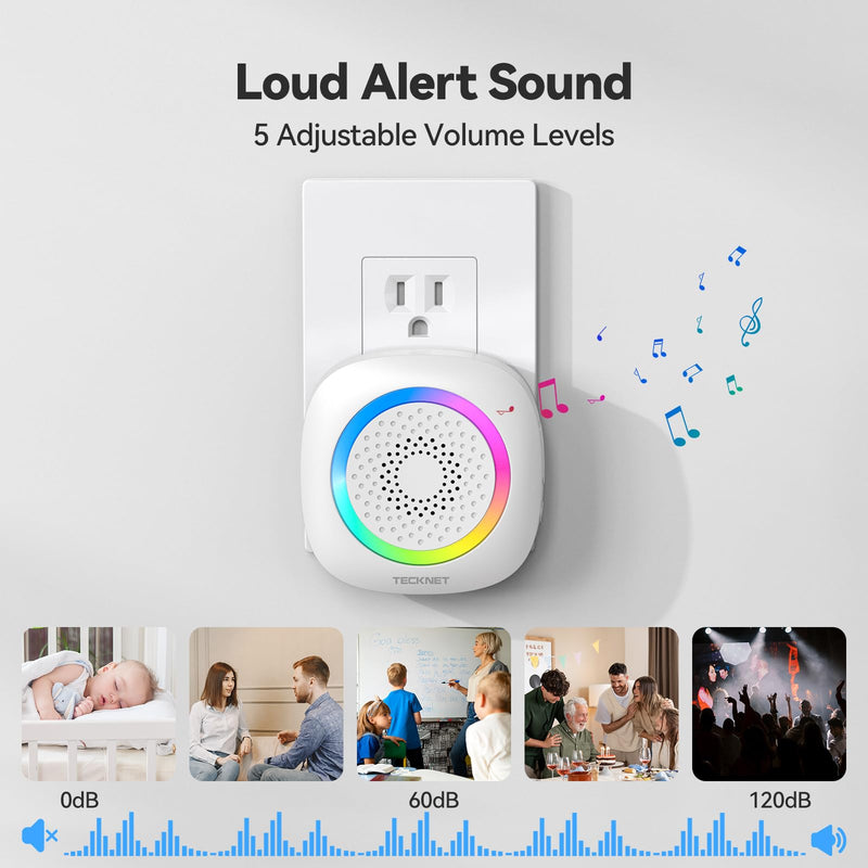 TECKNET Door Chime When Door Opens, Wireless Door Sensor Alarm Chime with 1000Ft Range, 61 Songs, 5 Volume Levels, RGB Light, Door Bells Chimes for Business/Store/Home/Office Entry Security Alarm 1 Receiver+1 Sensor White