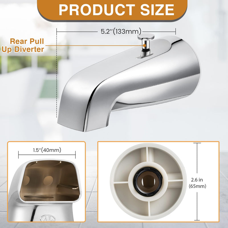 Enhon Tub Spout with Rear Diverter, Bathtub Spout Fitting 1/2-Inch or 3/4-Inch IPS, 5-1/4 Inch Length Bathroom Bathtub Faucet with Adapter, Chrome Finish Without Handheld Shower Fitting
