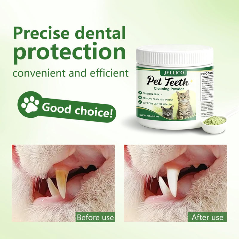 Jellico Pet Teeth Cleaning Powder for Cats – Dental Care Powder Prevents Tartar & Plaque Buildup, Freshens Breath, Oral Hygiene Supplement for Cats, 100g
