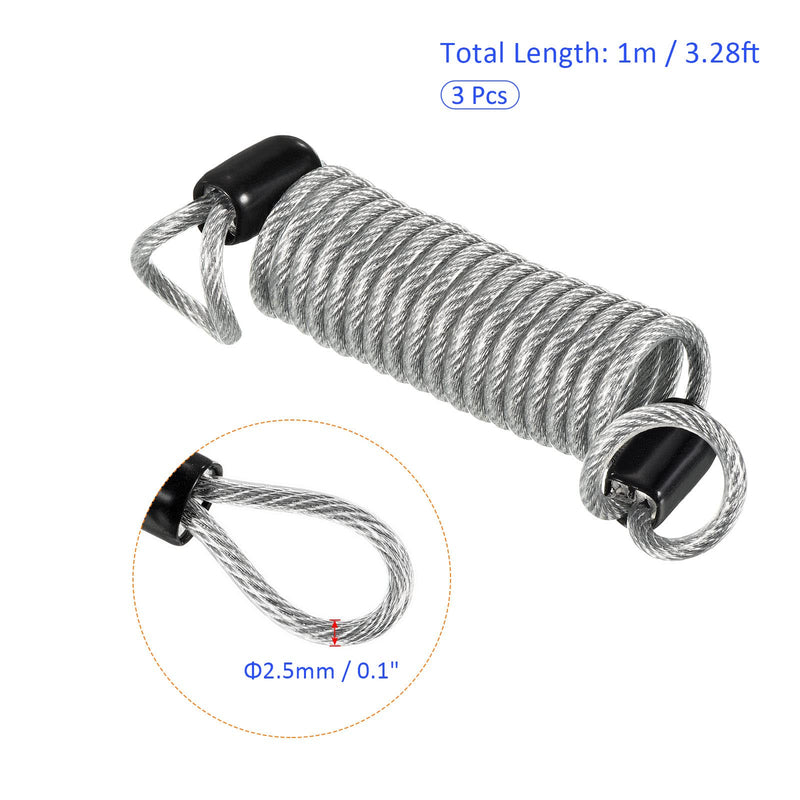 3 Pack Disc Lock Security Steel Cable - Plastic Coated Spring Reminder Wire Anti-Theft Rope, Apply to Outdoors Protection (2.5mmx1m, Transparent) 2.5mmx1m