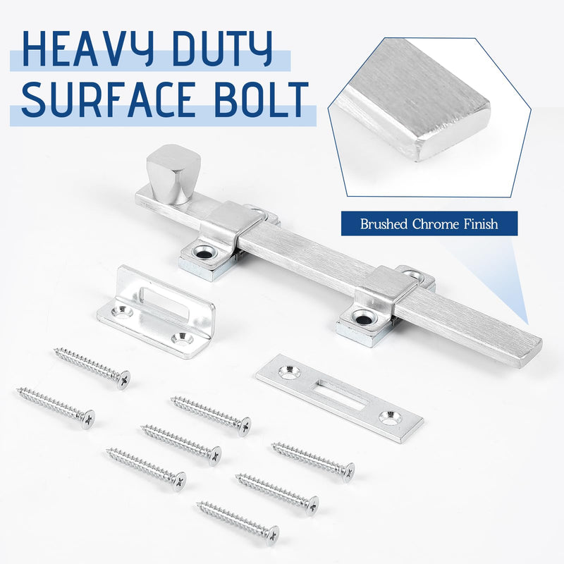 Hicarer 2 Pcs Surface Bolt 8" Heavy Duty Dutch Door Latch Door Bolt Brushed Chrome Finish for Swing Interior Exterior Doors 8 Inch