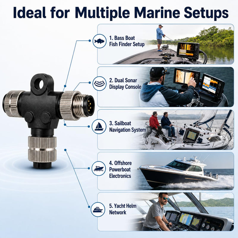 Metal Shielded NMEA 2000 T-Connector (Tee) – Upgraded Heavy Duty Marine Network Splitter with Corrosion-Resistant Brass Nuts, Compatible with Garmin Lowrance Simrad B&G Navico (3-Way) 3 way
