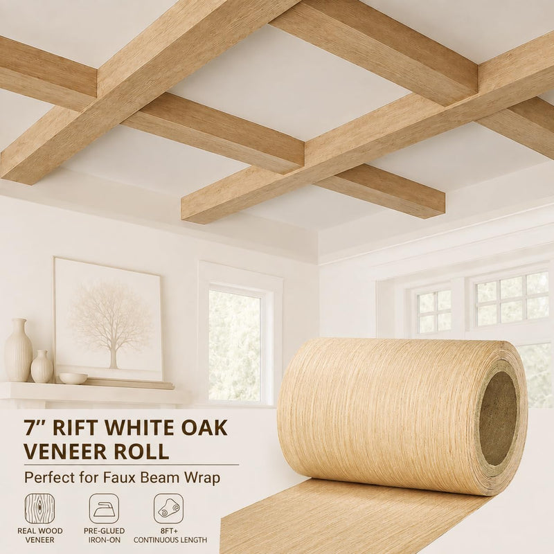 Rift-Cut White Oak Veneer Roll 7" x 16FT+, Pre-Glued Iron-On Wood Veneer for DIY Fireplace Mantels & Faux Beam Wraps, Sanded Smooth Finish for Cabinet Refacing & Furniture Makeovers 7 in x 16 ft