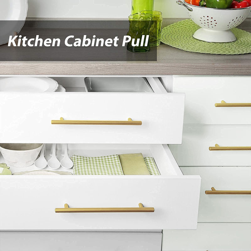 goldenwarm 10 Pack Gold Cabinet Handles Brushed Brass Drawer Pulls Gold Cabinet Pulls 3 inch - LS201GD76 Kitchen Cabinet Door Handles and Knobs Bathroom Bedroom Furniture Handles Stainless Steel ‎3in Hole Centers