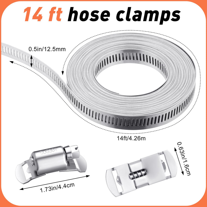 14 FT Large Hose Clamps +10 Stronger Fasteners Adjustable Worm Gear Band Clamps 304 Stainless Steel Pipe Clamps for Securing Pipe Hoses, Automotive, Fuel Line 14 FT Strap + 10 Fasteners