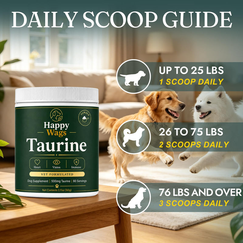 Happy Wags Taurine for Dogs - 500mg Taurine Powder Supplement for Heart, Vision, Immune & Healthy Aging Support, Tasteless Daily Dog Supplement, 100 Grams