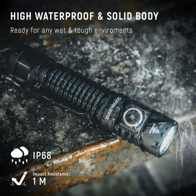 Sofirn SP31 V3 Tactical Flashlight Rechargeable, 2000 High Lumen Pocket Flashlight with Powerful LED, Dual Switches and Battery for EDC, Home, Emergency, Heavy Duty, IP68 Waterproof / Compact Built Black