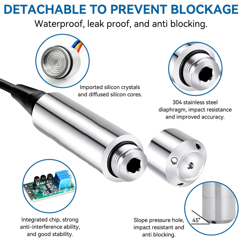 Submersible Level Sensor 4-20mA, DC24V 316L Stainless Steel Input Liquid Level Transmitter Water Level Sensor Detector 5m Cable (0-3m Measuring Range) 0-3m Measuring Range