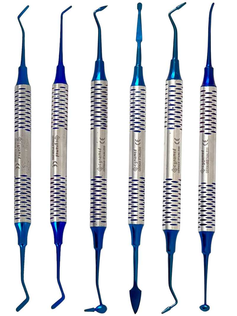 German Stainless-Dental Composite Non Stick Filling Instruments Kit in Stainless Steel Cassette (6 PCS Blue Titanium Coated)-Cynamed