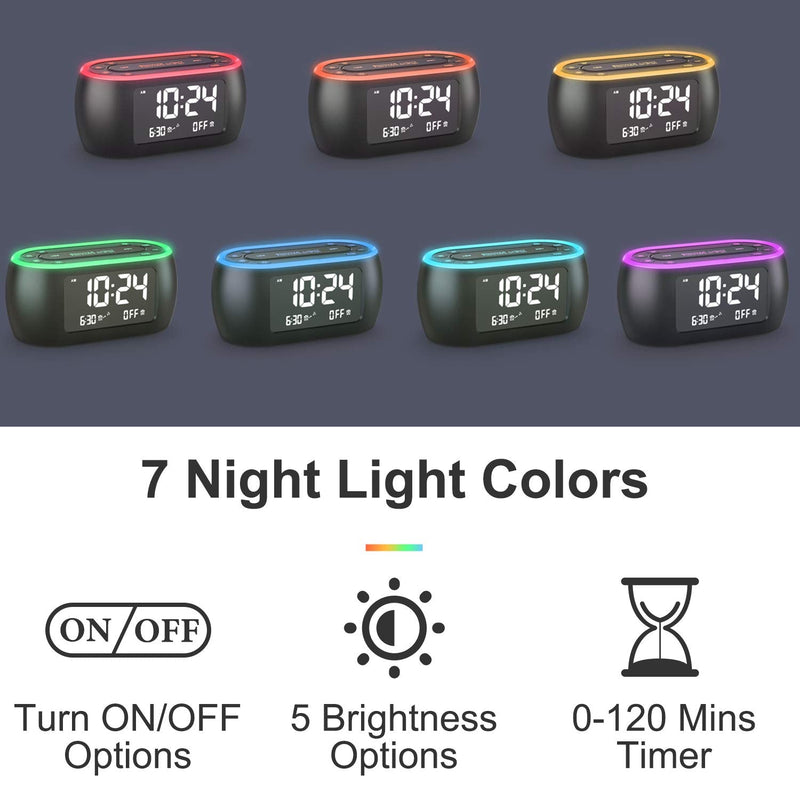 HOUSBAY Glow Small Alarm Clock Radio for Bedrooms with 7 Color Night Light, Dual Alarm, Dimmer, USB Charger, Battery Backup, Nap Timer, FM Radio with Auto-Off Timer for Bedside Black
