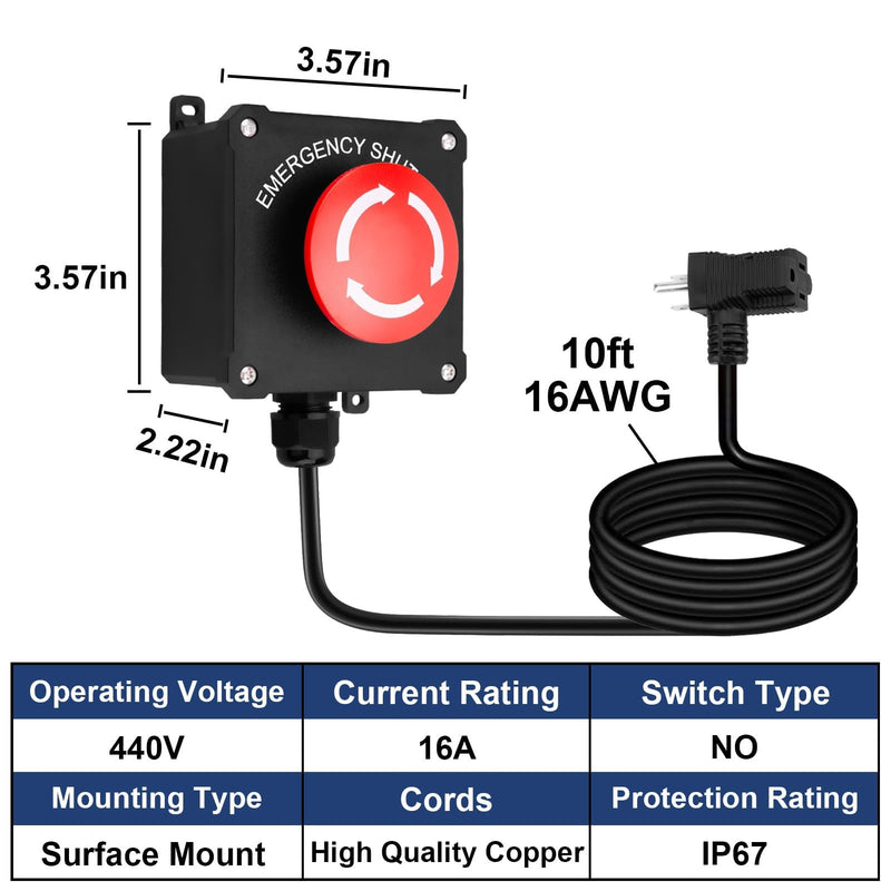 Emergency Stop Switch 440V 16A – 10ft Heavy Duty Cord with Large Button for Table Saws, Routers, Drill Presses & Workshop Machinery