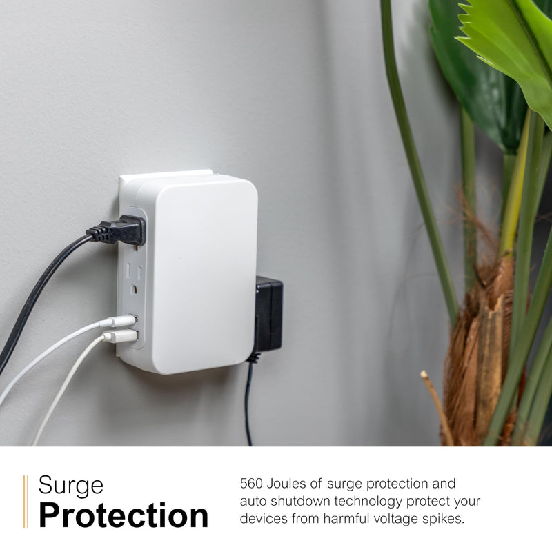 GE-UltraPro 5 Outlet Extender with Side-Access, Wall Tap Surge Protector with 1 USB-A and 1 USBC, 3-Prong, Secure Install, White, 83503 USB-C