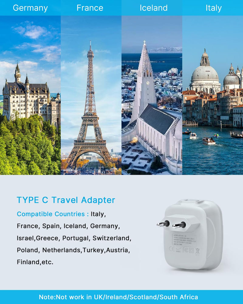 2 Pack European Travel Plug Adapter, VINTAR International Power Plug Adapter with 2 USB Ports,2 American Outlets- 4 in 1 Outlet Adapter,Travel Essentials to Italy,Greece,France, Spain (Type C) Type C - Most of Europe