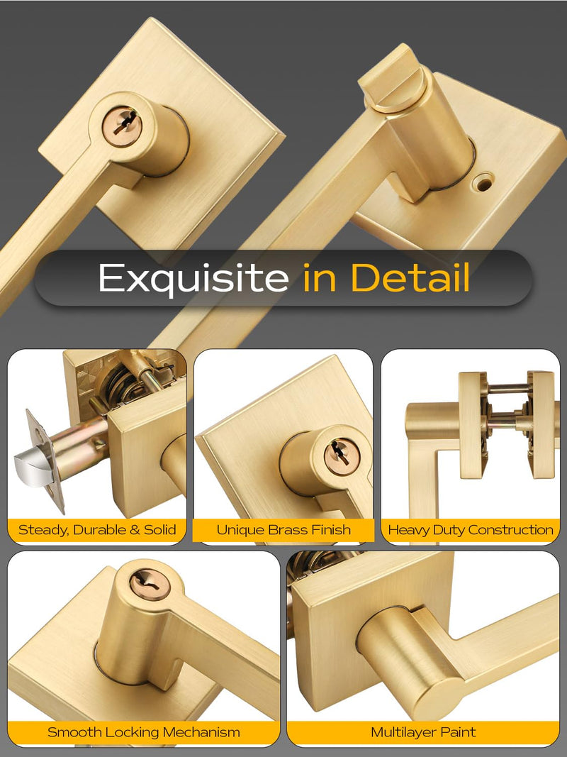 EHOMEWARE 1 Set Entry Door Handle and Single Cylinder Deadbolt Lock and Key Combo Pack - Heavy Duty Square Locking Lever Set - Interior/Exterior Door Levers in Satin Brass Finish Entry Door Lock with Single Deadbolt Cylinder
