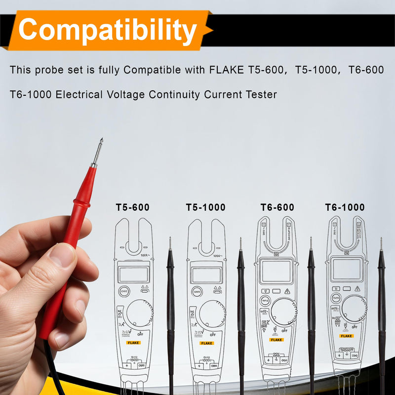 ZIBOO TP2 Test Probe 2-Piece Slim-Reach Probe Kit 1000V Voltage, 10A Current, 2mm Tip Diameter,Compatible with Fluke T5-1000 T5-600 T6-1000 T6-600 Electrical Voltage Continuity Current Tester TP2 SLIM-REACH 1000 VDC