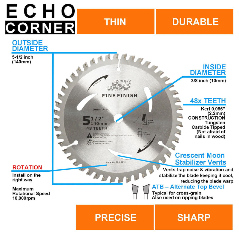 5-1/2" (10mm Arbor) Circular Saw Blades 48Tooth+24Tooth, Heavy Duty Combo Pack Carbide TCT Fine Cut Fine Finish Crosscut Framing Ripping Wood Plywood MDF Plastic Veneer Lumber Laminate 5-1/2" x 10mm Arbor x 24T/48T