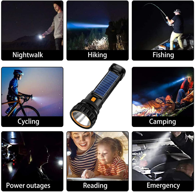 Solar/Rechargeable Multi Function 1000 Lumens LED Flashlight, with Emergency Strobe Light and 1200 Mah Battery, Emergency Power Supply and USB Charging Cable, Fast Charging (1PC) Black 1PCS