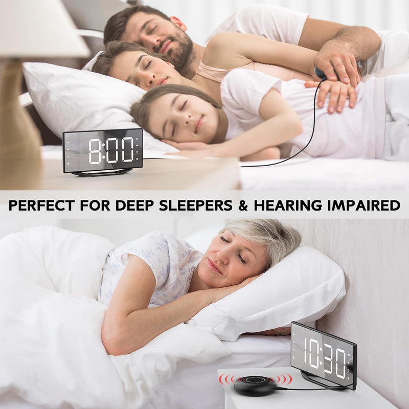 OnLyee Vibrating Alarm Clock with 8.7” LED Mirror for Heavy Sleepers & Hearing Impaired, Bed Shaker & 3 Wake-Up Modes, Dual Alarms, USB Charging, Adjustable Brightness, Snooze Function Black+Bed Shaker