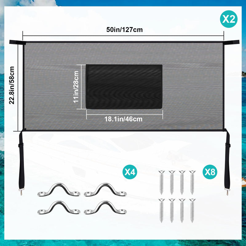 SATINIOR 2 Pack Detachable Mesh Sidewalls for 3-Bow Bimini Tops, Universal Boat Sun Shade with Storage Pockets, 2 Straps, 50 x 22.8'', Breathable, UV Protection for Fishing (Bimini Tops Not Included)