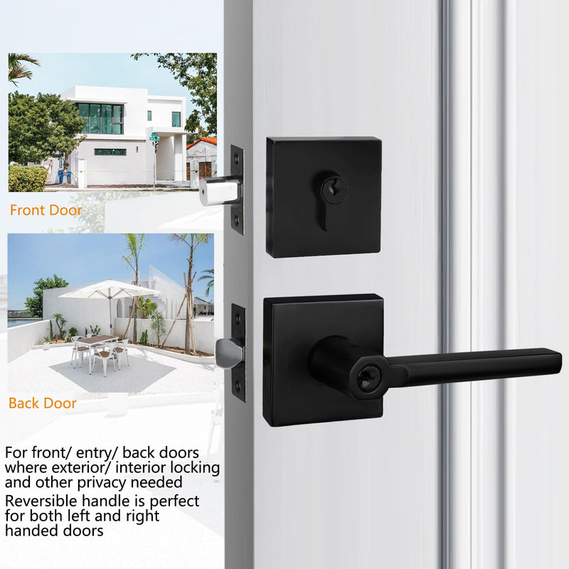 NEWBANG Square Heavy Duty Keyed Entry Combo with deadbolt and Lever Door Handle in Matte Black (for Entrance/Exterior/Front/Office Door) Left or Right Handed 1 Pack