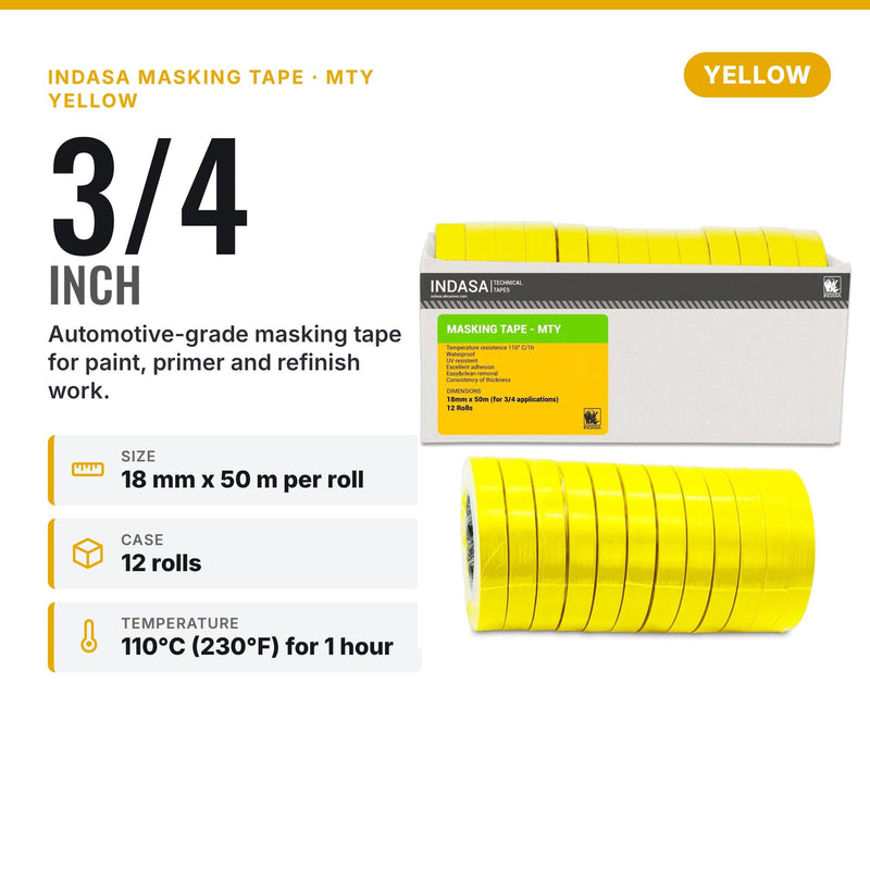 INDASA MTE Yellow 3/4" x 50m Masking Tape, 12 CASE– High-Temp Resistant, No Residue, Clean Removal – Ideal for Automotive, Painting & Industrial