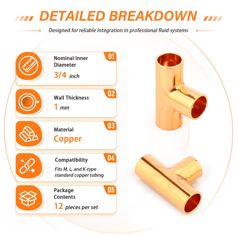 GASHER 12Pcs 3/4" x 1mm Wall Thickness Copper Tee Fitting 0.75 Inch 12